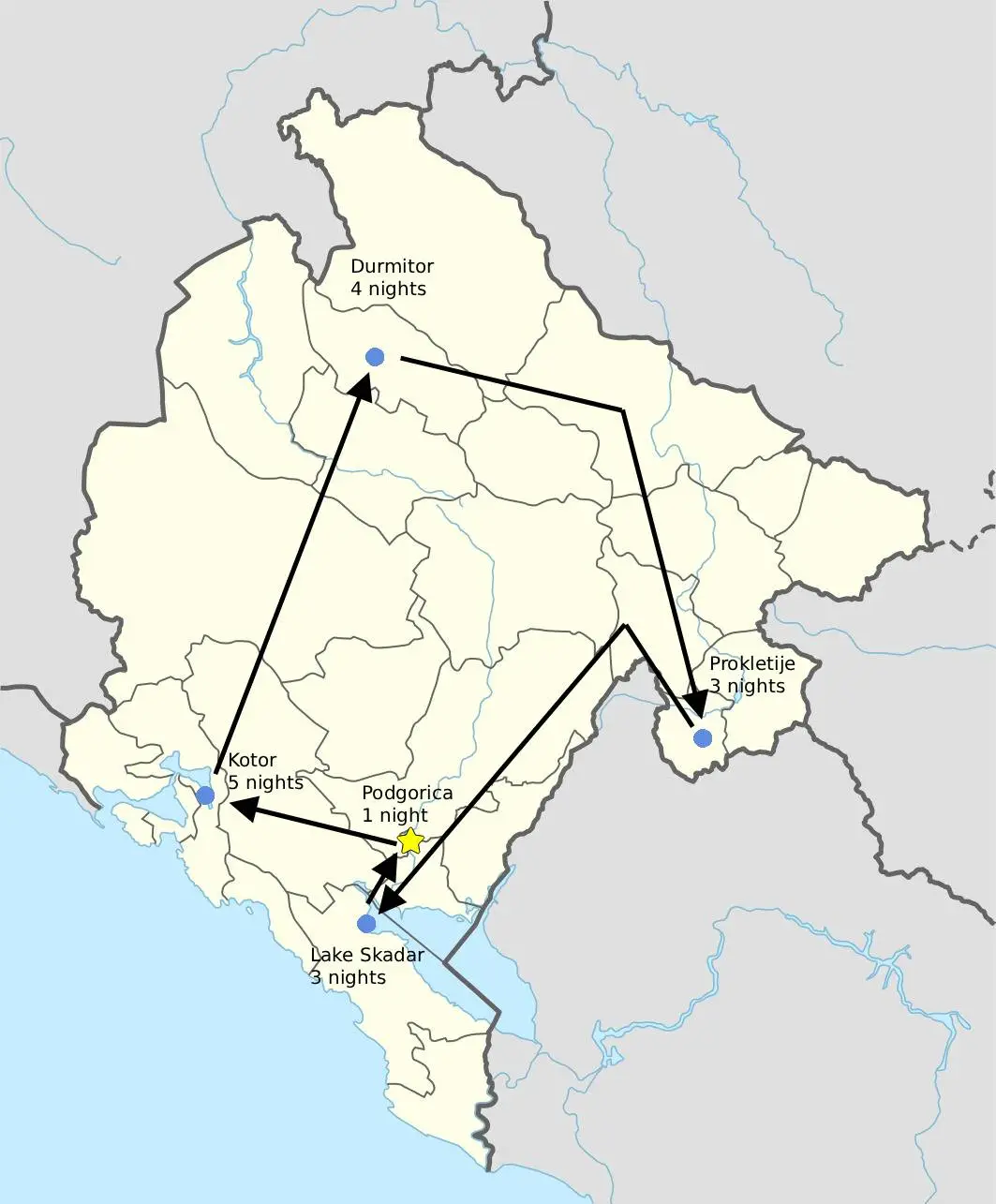 Rough three-week travel route map of Montenegro