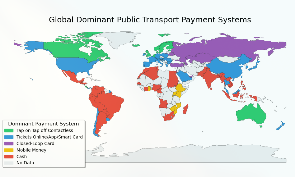 A map of countries by dominant transit payment system
