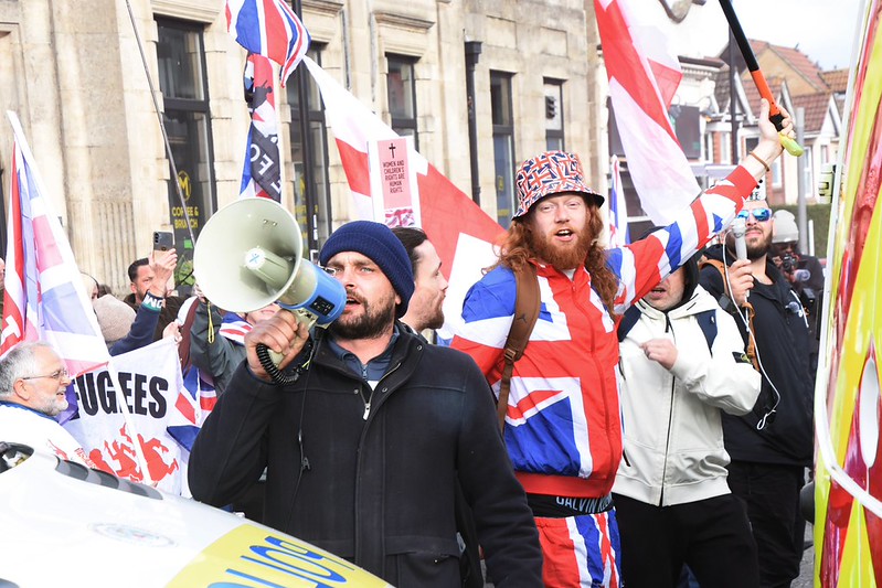 A man shouting through a megaphone in Southampton